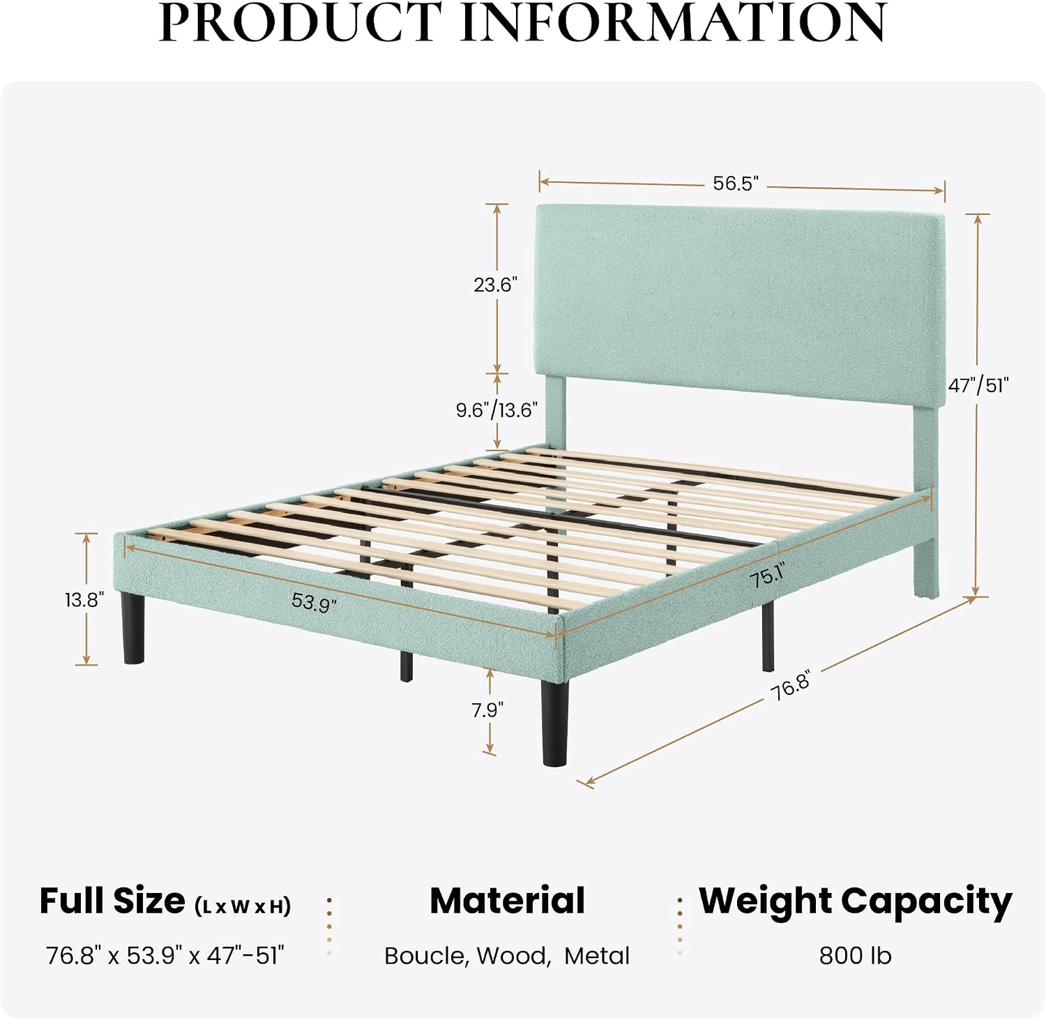 SHA CERLIN Boucle Upholstered Queen Size Bed Frame, White | Platform Bed with Adjustable Headboard, Wooden Slats Support, No Box Spring Needed, Noise-Free, Easy Assembly
