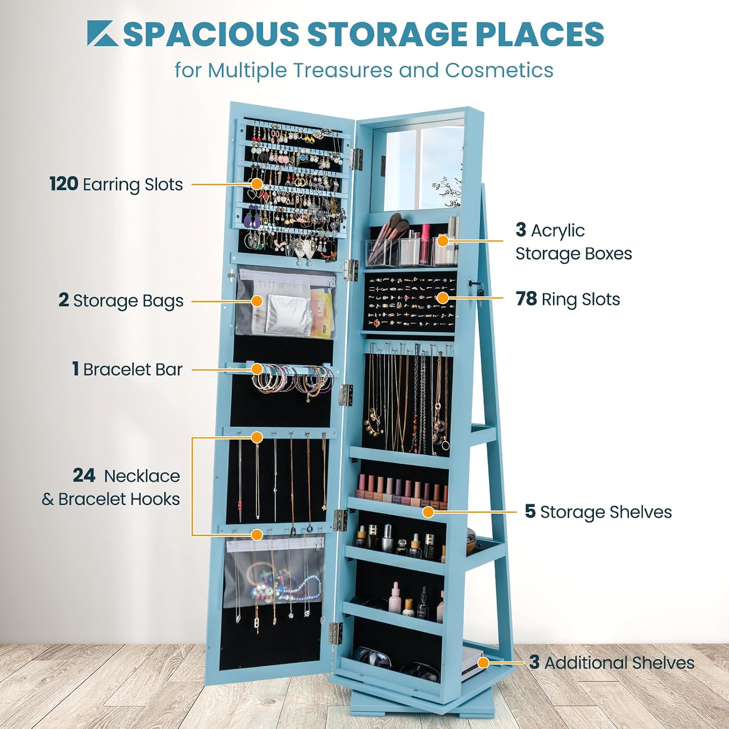CHARMAID 360° Swivel Jewelry Armoire with Higher Full Length Mirror, Standing Lockable Jewelry Cabinet Organizer with Large Storage Capacity
