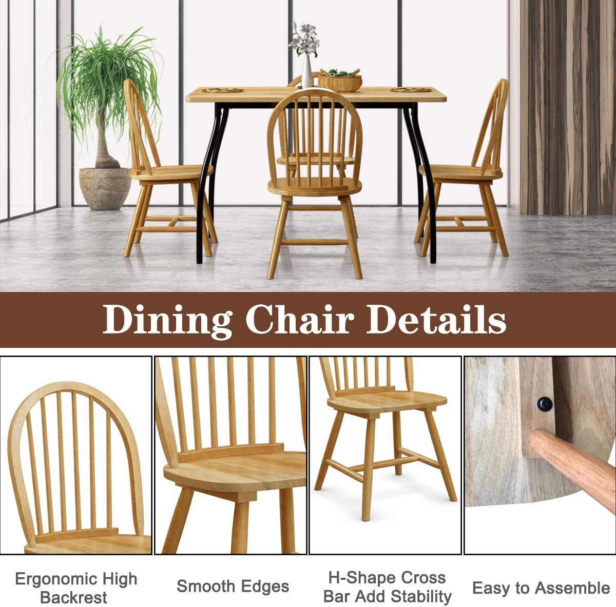 GIANTEX Wood Dining Chairs Set of 4, Windsor Chairs with Solid Wood Legs, High Spindle Back, H-Shaped Crossbars