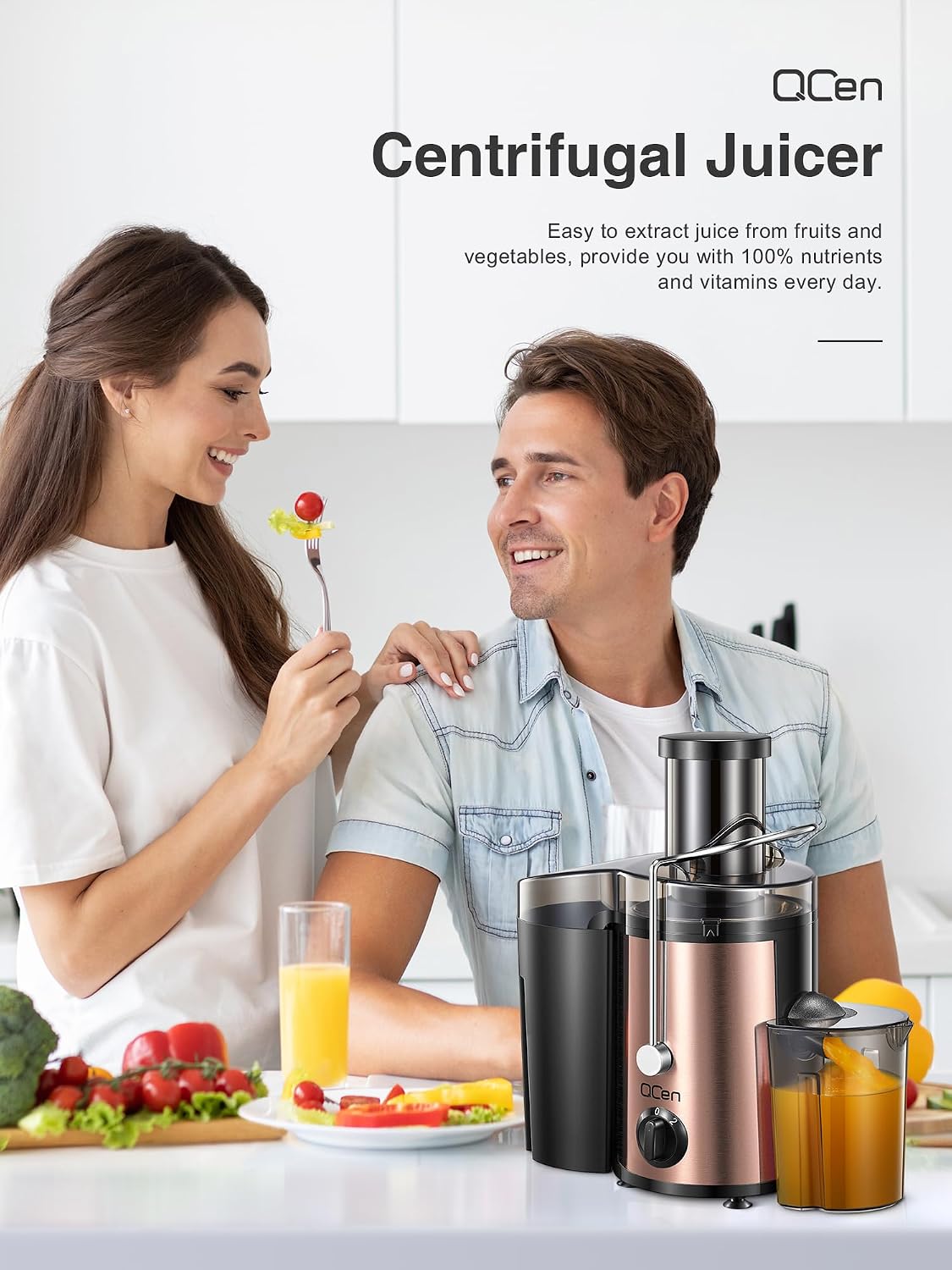 QCen Juicer Machine 500W Centrifugal Juicer with Extra Wide Feed Chute