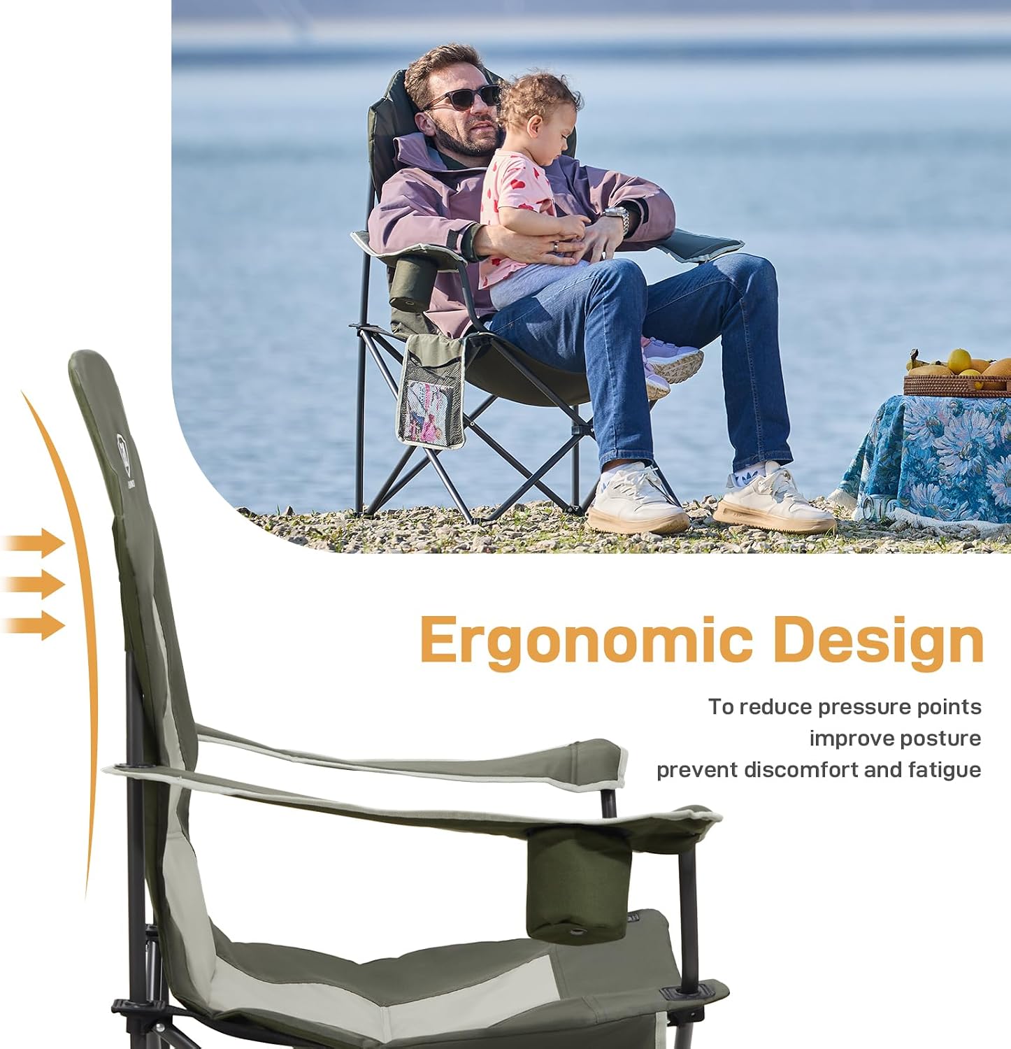 EVER ADVANCED High Back Folding Camping Chair Oversized and Fully Padded, Portable Quad Camp Lawn Chair Up to 400 lbs, with Cup Holder Armrest Carrying Bag