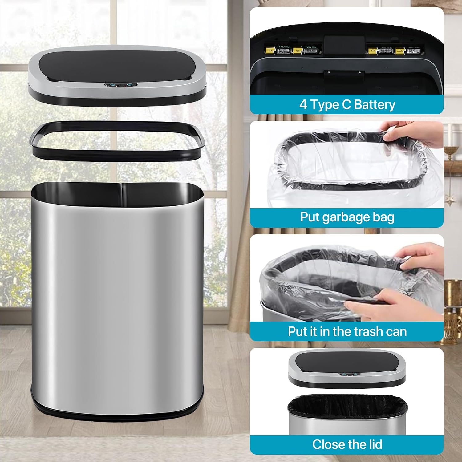 Dkeli 13 Gallon Automatic Motion Sensor Trash Can, Stainless Steel Touchless Kitchen Trash Can with Lid, 50L High-Capacity Office Bathroom Bedroom Garbage Bin