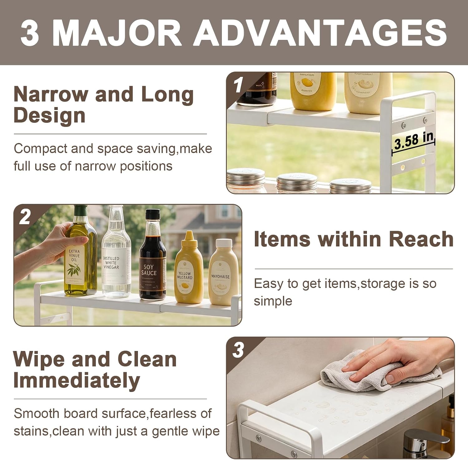Medicine Cabinet Shelves, 3.58" Wide Metal Cabinet Shelf Organizer with Adjustable Tiers and Non-Slip Pads for Kitchen