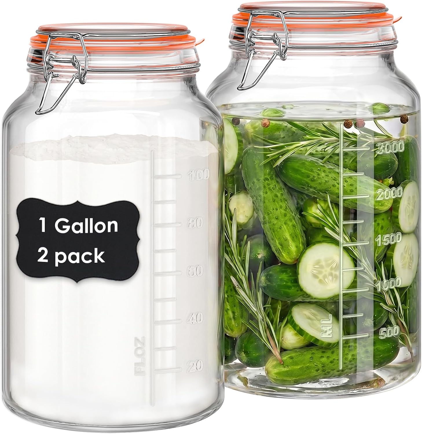 1 Gallon Glass Jars with Lids, 2 Pack Wide Mouth Mason Jars, 138 oz