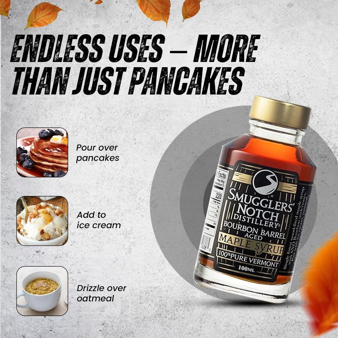 Smugglers’ Notch Maple Works – Bourbon Barrel Aged – 100% Pure Vermont Maple Syrup – Natural Sweetener & Gluten Free – Rich Taste – Waffles and Pancakes, Cocktails, Marinades, 3.38 Fl Oz. (100 mL)