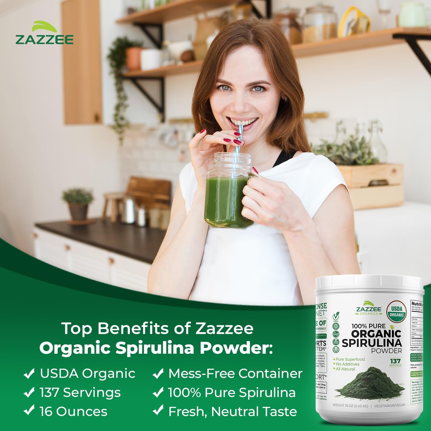 Zazzee USDA Organic Spirulina Powder, 2.2 Pounds (1 KG), 303 Servings | Certified Kosher, 100% Pure, Non-Irradiated, Mess-Free Wide Mouth Container, Fresh Smell, Neutral Taste, Non-GMO, Made in USA