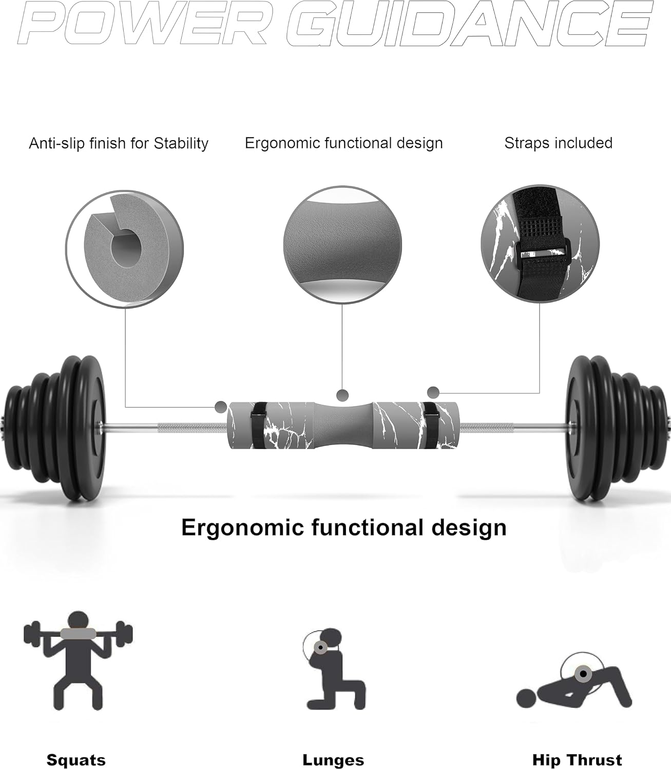 POWER GUIDANCE Barbell Squat Pad - Neck & Shoulder Protective Pad - Great for Squats, Lunges, Hip Thrusts, Weight Lifting & More - Fit Standard and Olympic Bars Perfectly