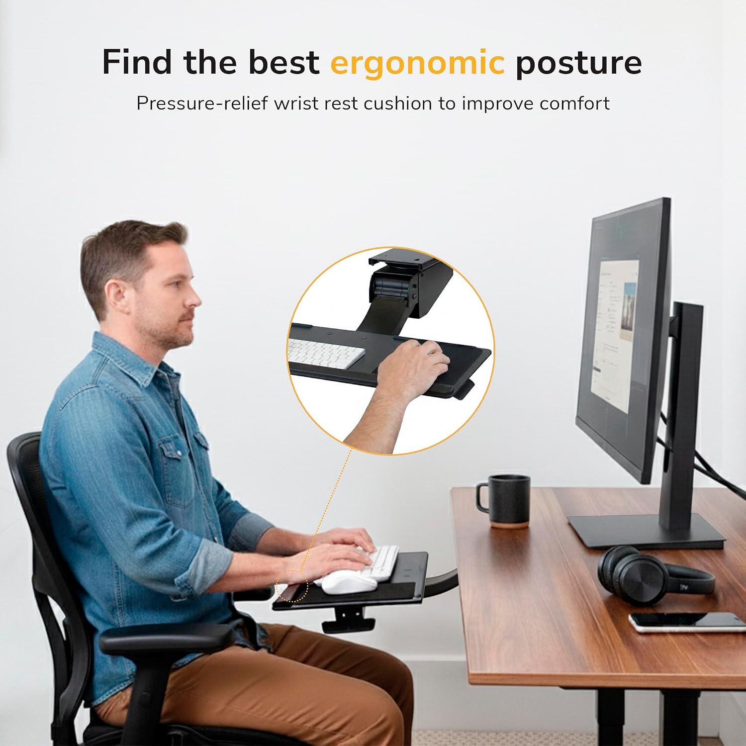 Mount-It! Under Desk Keyboard Tray, Adjustable Slide-Out Keyboard & Mouse Platform, 26.5" W × 10" D, Ergonomic Wrist Rest, Height Tilt & Swivel