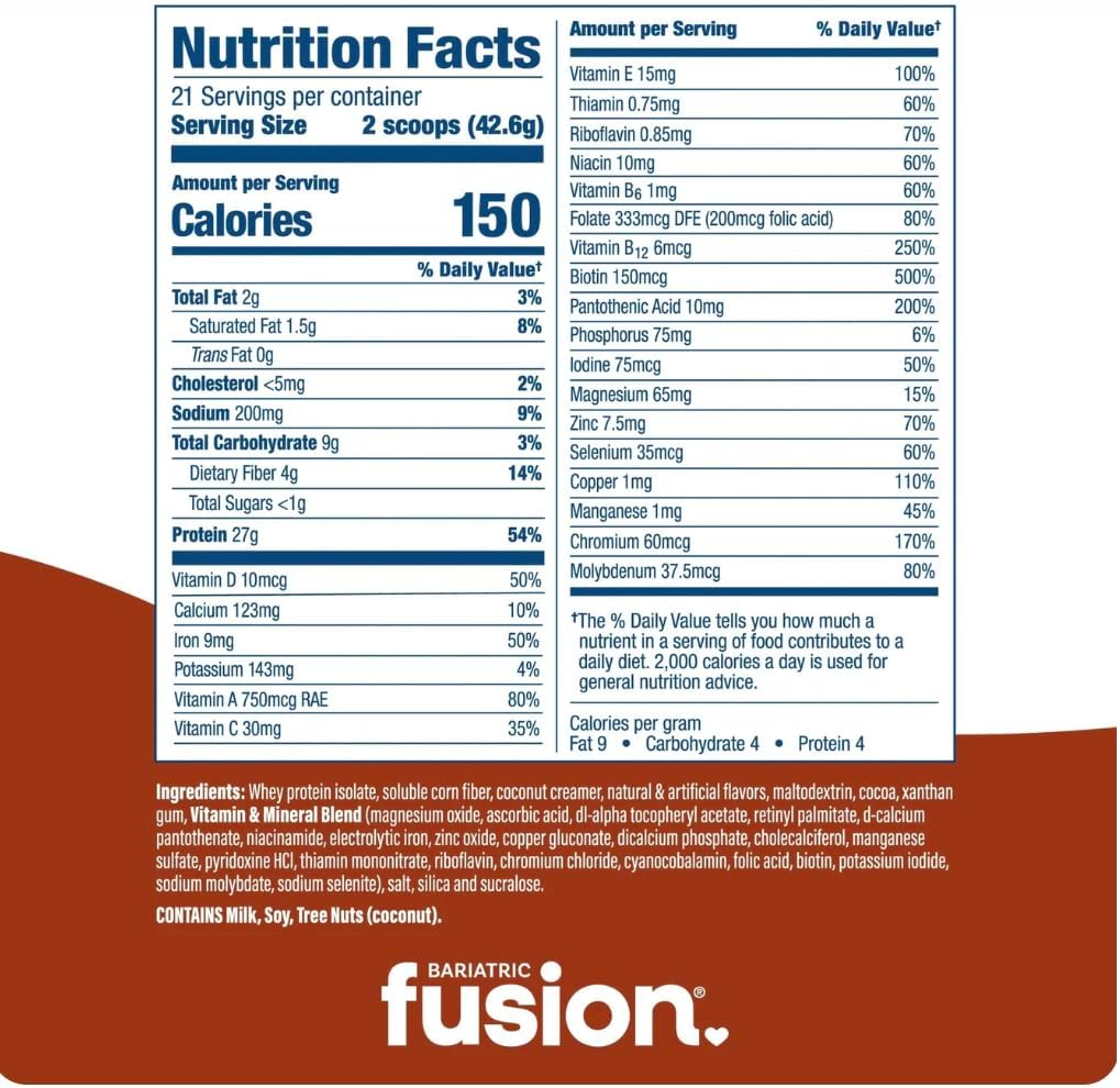 Bariatric Fusion Cappucino Meal Replacement 27g Protein Powder, 21 Serving Tub for Bariatric Surgery Patients Including Gastric Bypass and Sleeve Gastrectomy - No Gluten, Aspartame or Sugar