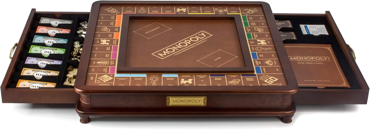 WS Game Company Monopoly Luxury Edition Wooden Board Game Set, 2-6 Players | Luxurious Wood Cabinet, Gold Foil Stamped Game Board