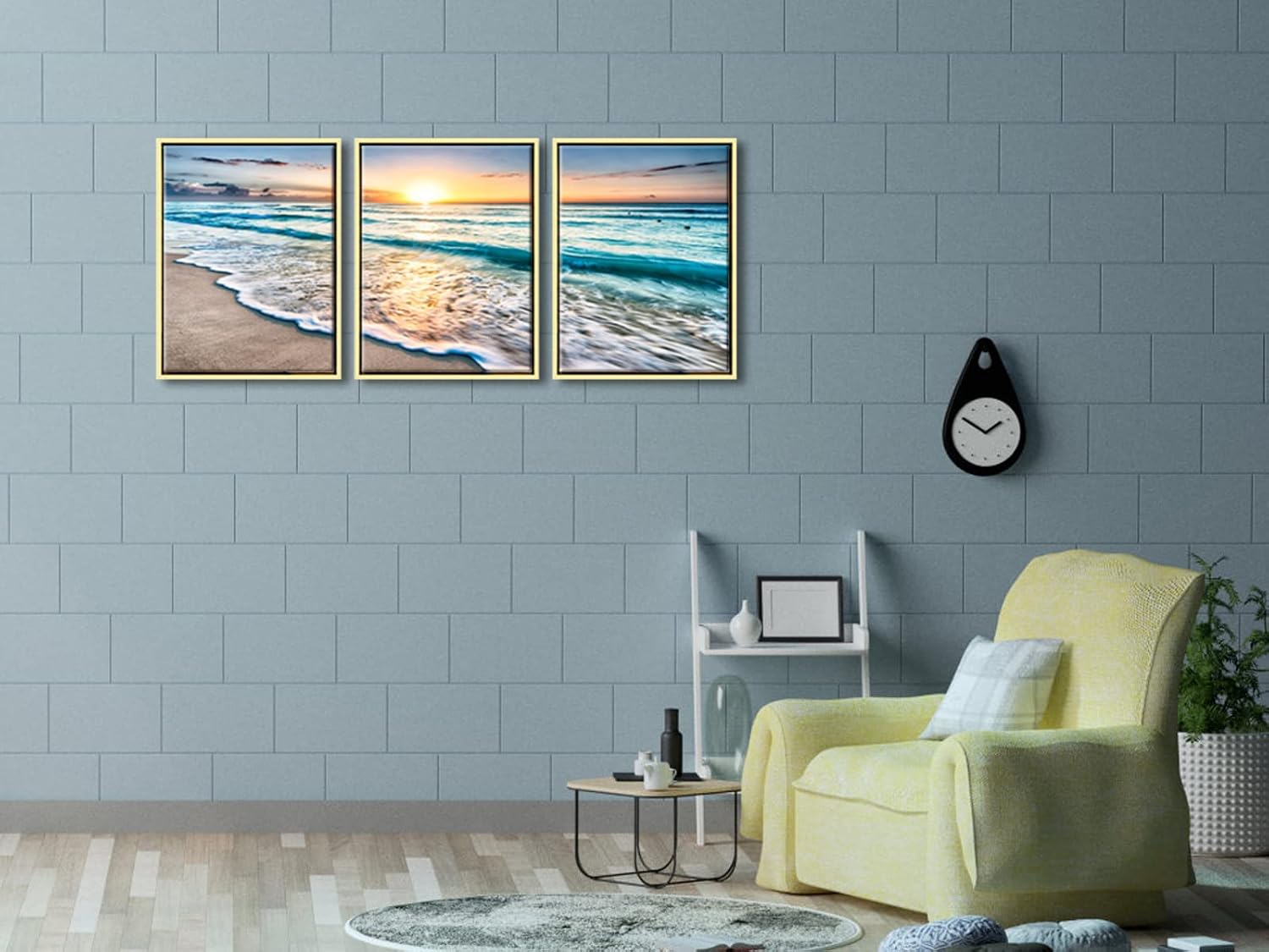 Wieco Art 3 Panel Blue Beach Canvas Wall Art for Home Decor Sunset White Wave Beach Pictures on Canvas Sea View Canvas Prints Artwork for Wall Decor