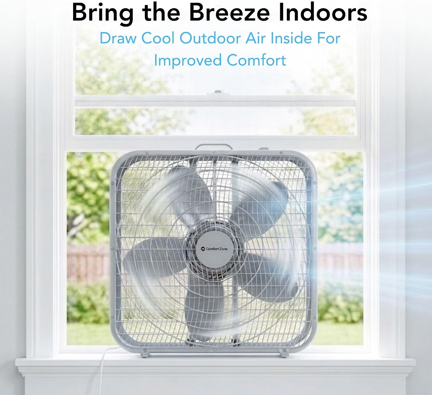 Comfort Zone Box Fan with Carry Handle, 20 inch, 3 Speed Full-Force Air Circulation Window Fan, Bedroom Floor Fan with 5 Blades, White Noise Cooling Fan, White