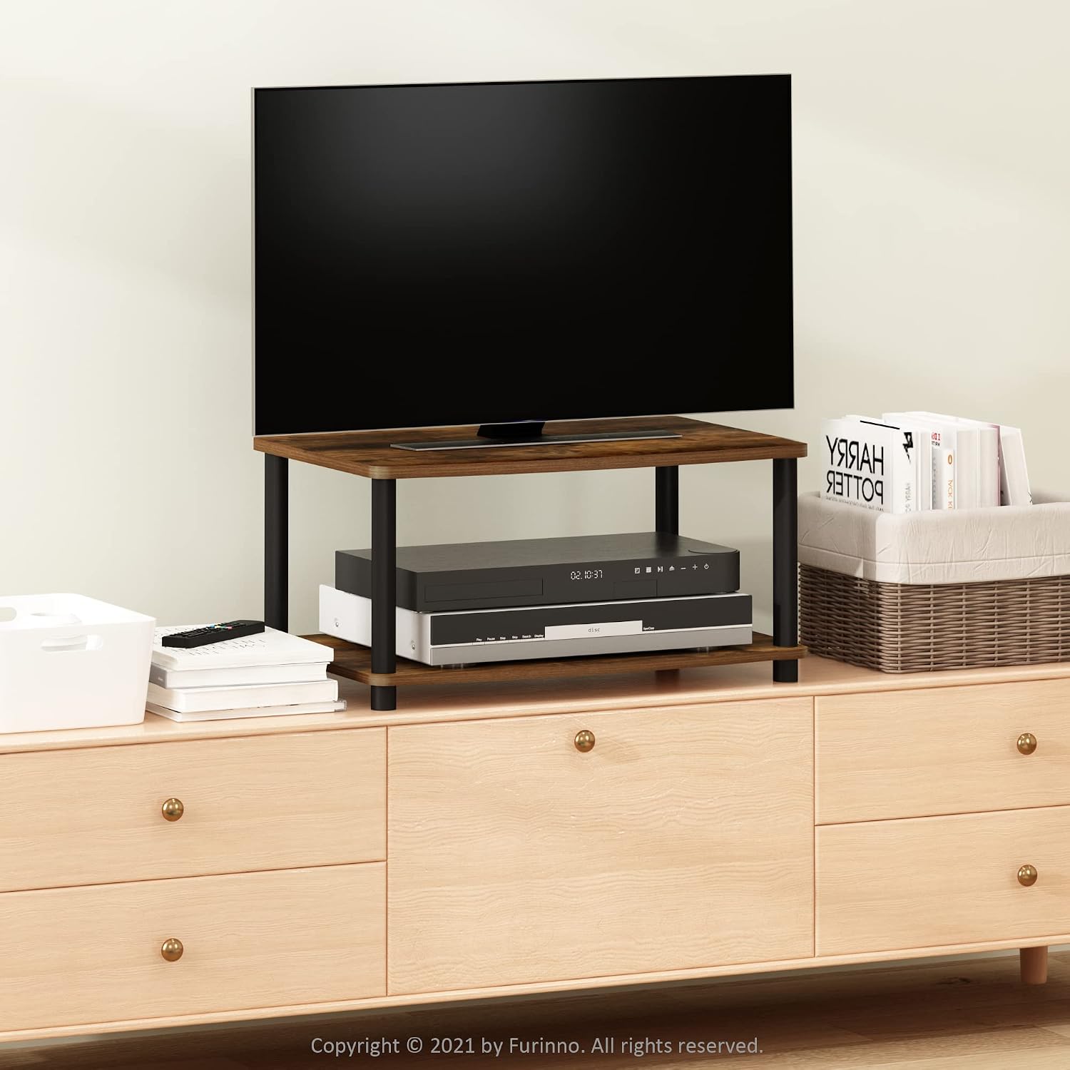 Furinno Turn-N-Tube TV Riser Stand, 2-Tier Small Elevated No Tools TV Stand, TV Console for TV up to 32 inch, 15.8 x 23.8 x 11, for Living Room, Bedroom, French Oak/Black