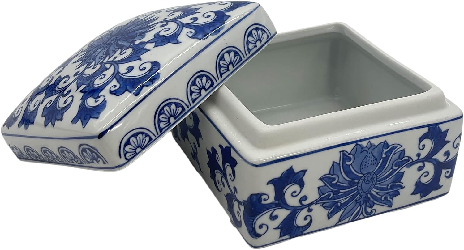 Blue & White China Lotus Floral Pattern Chinoiserie Square Ceramic Storage Box Jewelry Trinkets Organizer