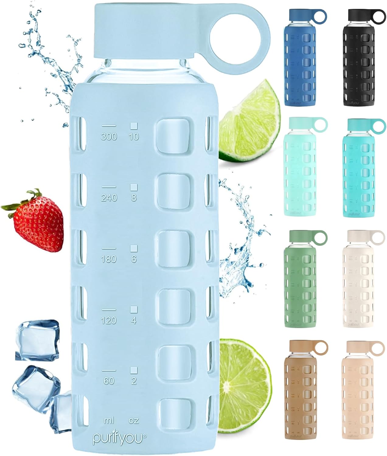 purifyou 40oz / 32oz / 22oz / 12oz Borosilicate Glass Water Bottle with Time & Volume Markers, Silicone Sleeve