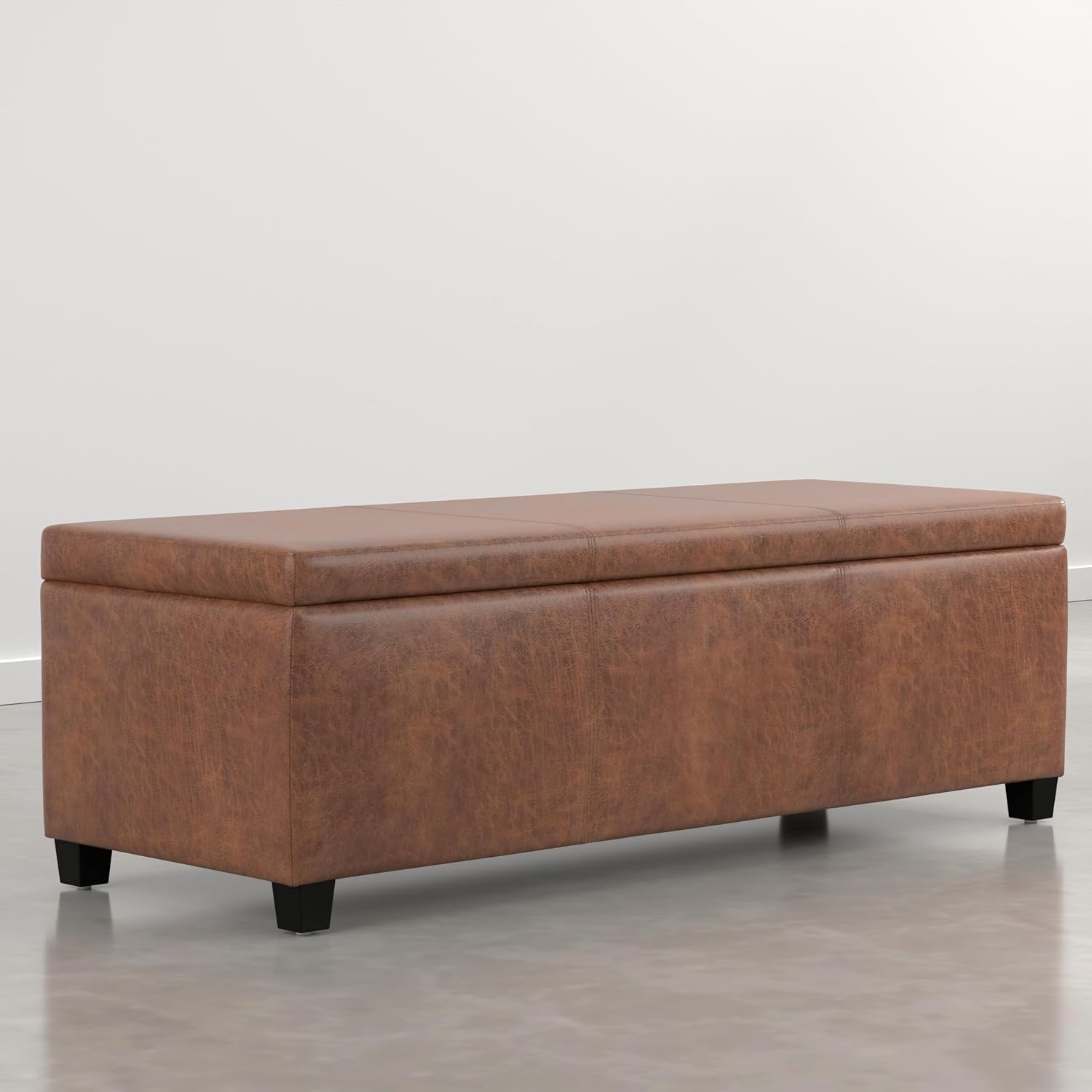 SIMPLIHOME Avalon 54" Wide Vegan Leather Storage Ottoman in Tanners Brown