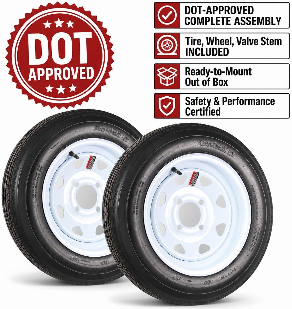 eCustomrim 2-Pack Trailer Tire Rim Assembly 4.80-12 480-12 4 Lug LRC White | 12 Inch Load Range C 6 Ply Tire, 4 Bolt On 4 Inch Center Steel Wheel