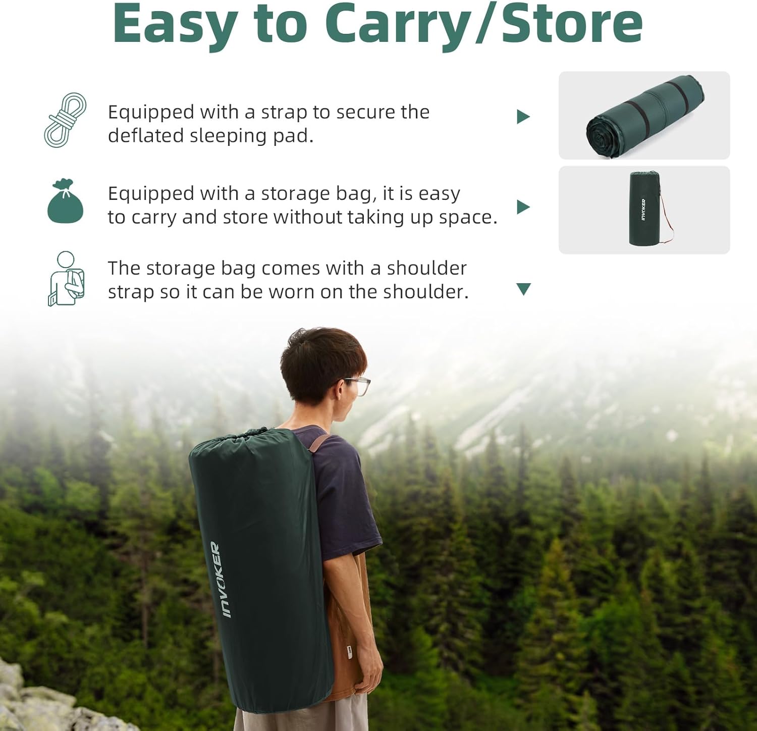 INVOKER Camping Sleeping Pad, Self-Inflating, 75 x 24 x 3.15 in, Green