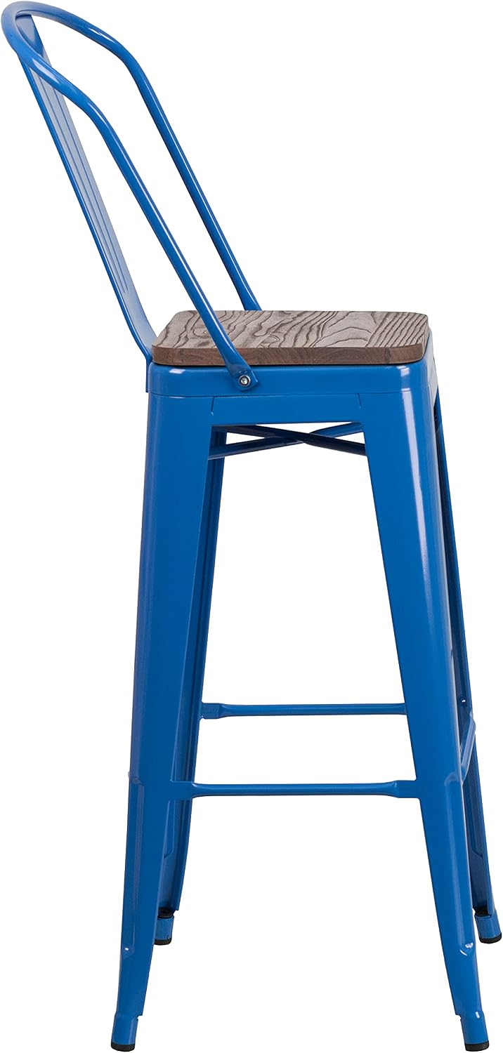 Flash Furniture 30 in Metal Barstool with Back, Blue | Commercial Grade, Removable Back, Indoor/Outdoor Use