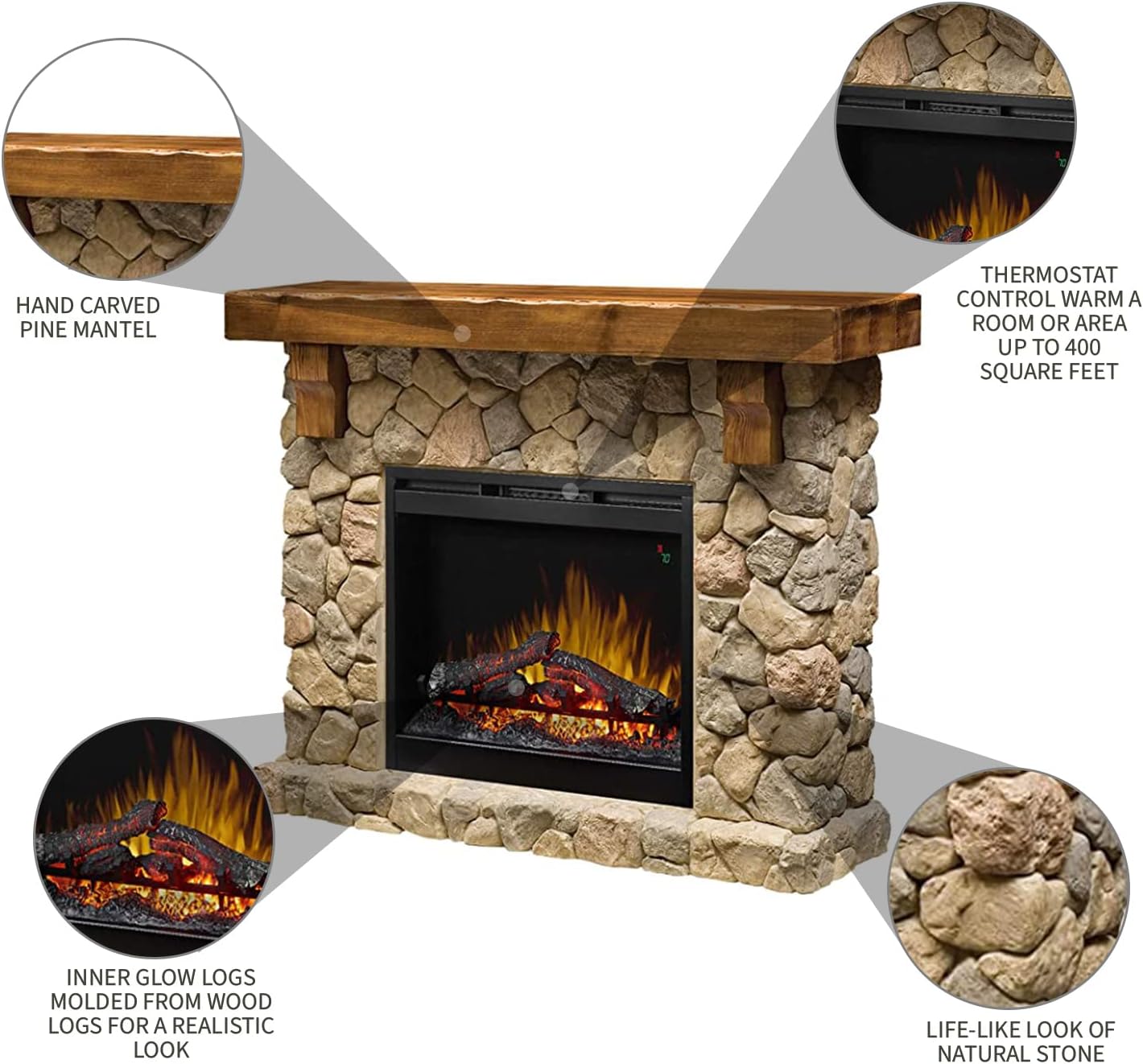 Dimplex Fieldstone Electric Fireplace with Mantel Surround Package | Pine with Natural Stone-Look, Includes 26" Electric Fireplace - #GDS28L8-904ST