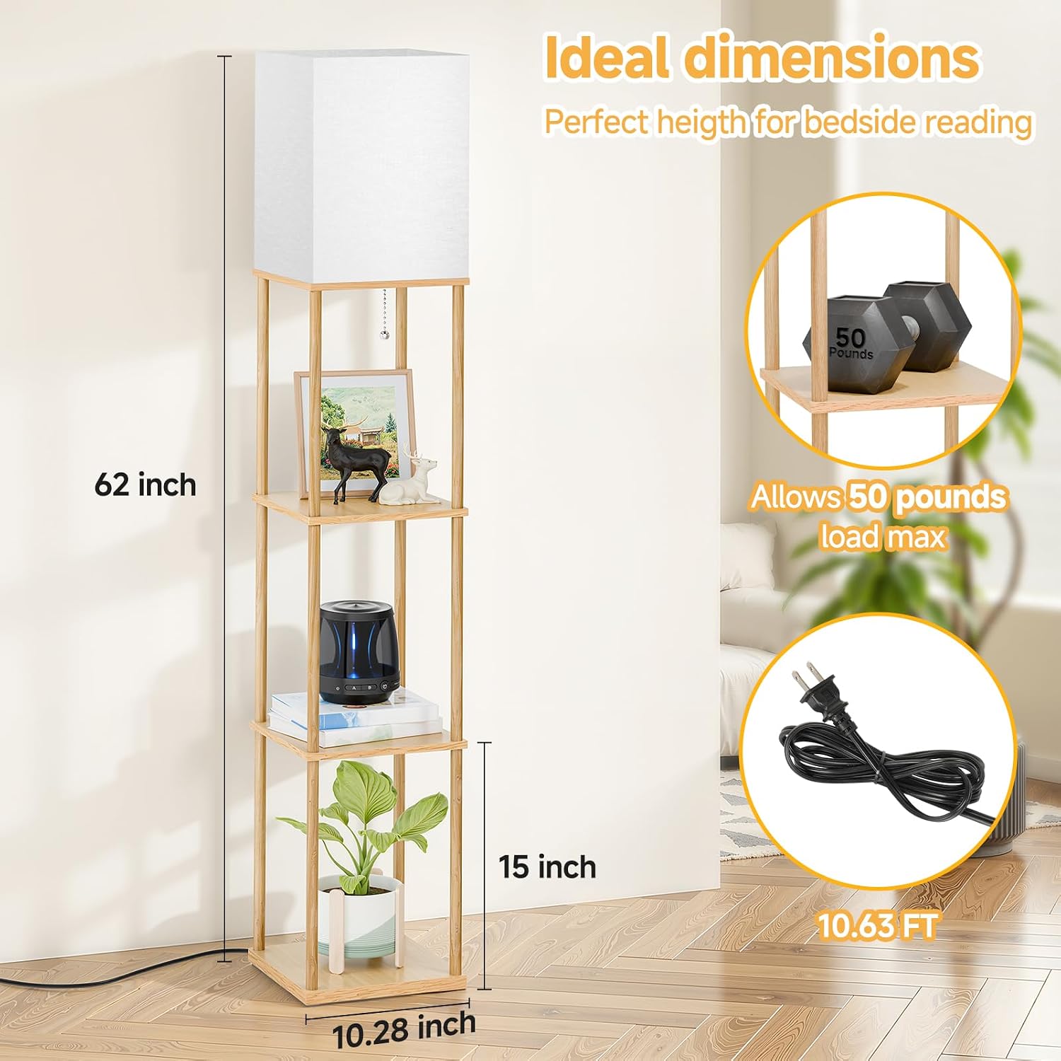 SHINE HAI Floor Lamp with Shelves, 3-Tier Square Modern Shelf Lamp