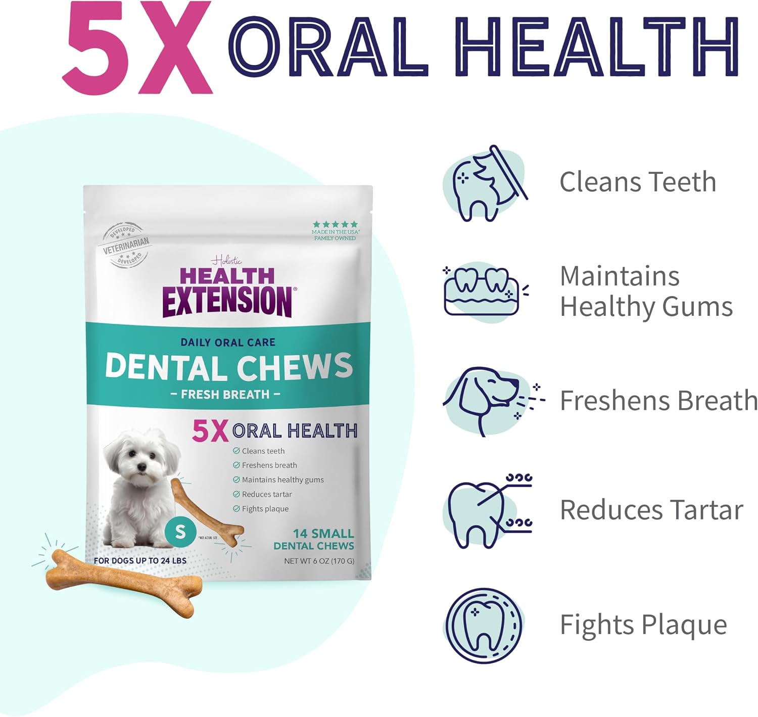 Health Extension Probiotic Dental Bones for Dogs, 14 Small Bones, Cleans Teeth, Healthy Gums, Freshens Breath, Training or Reward, 6 oz Bag (Pack of 1)