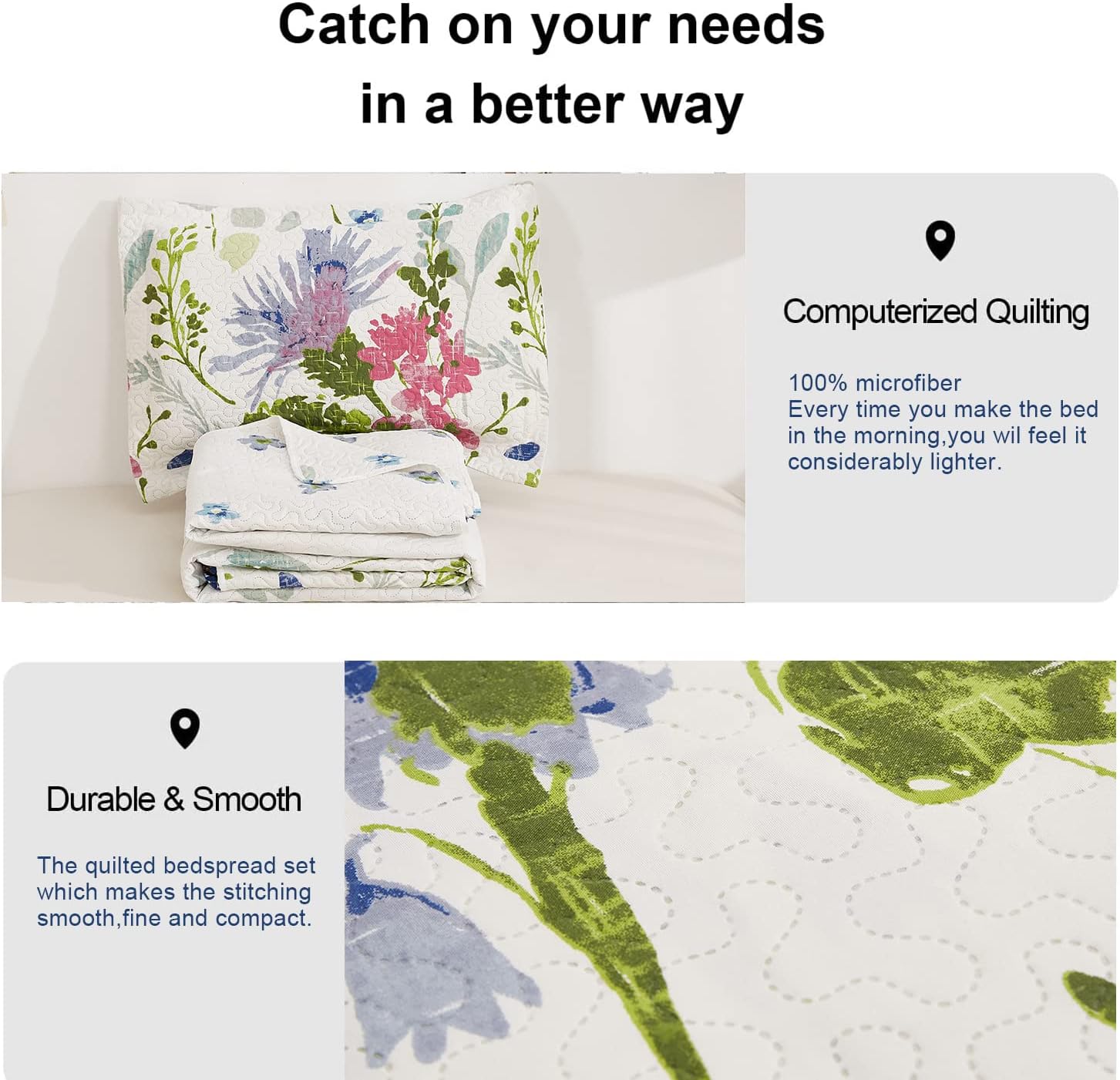 Ycosy Floral Quilt Set Full/Queen Size Reversible Flower Bedspread Queen Summer Lightweight Quilt Bedding Purple Floral Quilts Green Leaves Coverlet