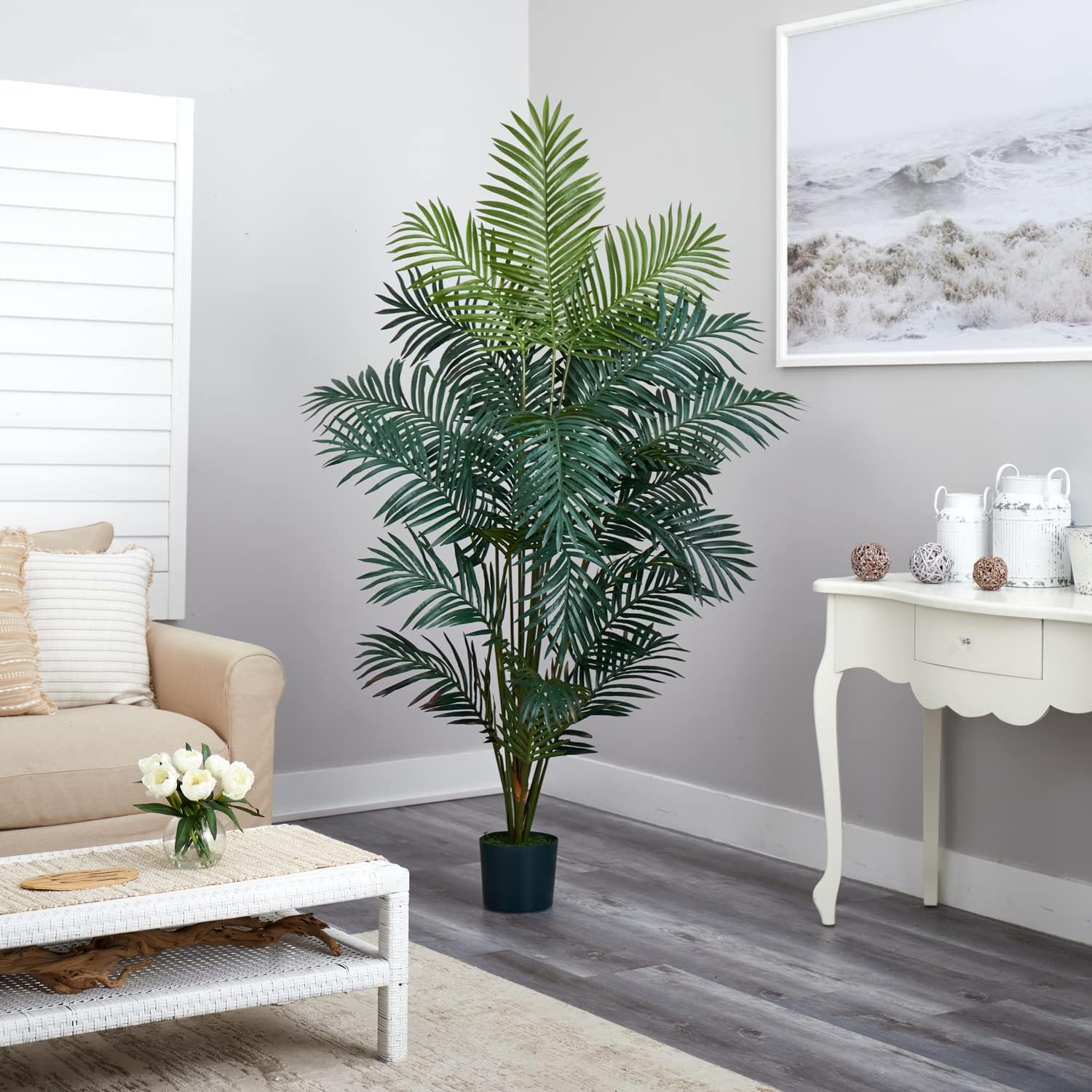 Nearly Natural 7 ft Artificial Paradise Palm Tree with Nursery Pot | 21 Feathery Fronds, Realistic Fake Leaves, Includes Black Nursery Planter