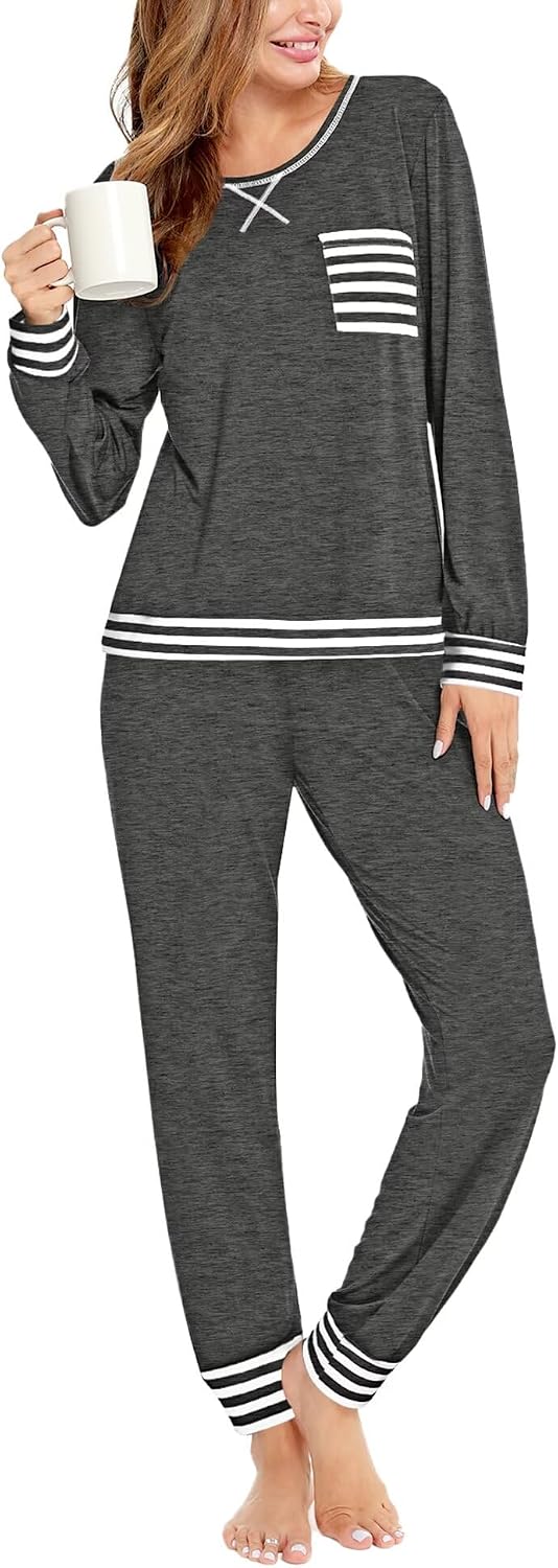 SWOMOG Women’s Pajamas Set Long Sleeve Sleepwear with Long Pants Soft Modal Loungewear Pj Set