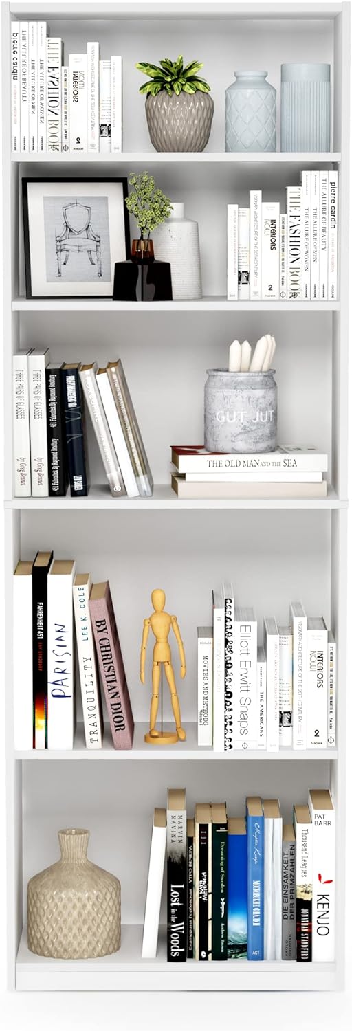 Furinno Jaya Book Shelf, 5-Tier Bookshelf, Bookcase with Adjustable Shelves, 9.5 x 24.5 x 71.2, for Organization and Storage, for Living Room, Bedroom