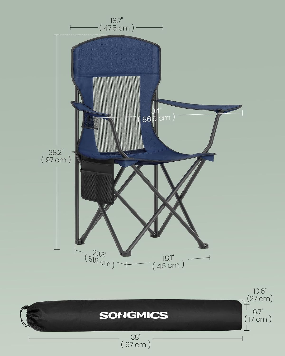 SONGMICS Camping Chair, Folding Oversized Chair, Comfortable and Heavy-Duty, 352 lb Weight Capacity, Adjustable Armrests with Cooler Bag, Storage Bag, Breathable Mesh, Bijou Blue UGCB060Q01