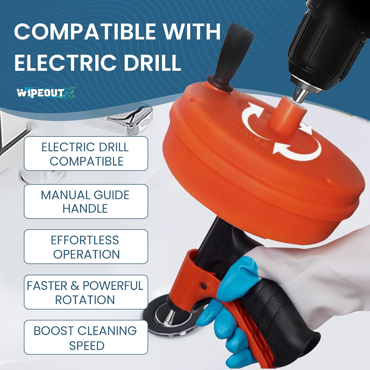Drain Auger 50 Ft with Drill Attachment, Drain Snake Clog Remover Kit | Includes Gloves, Glasses, Brushes