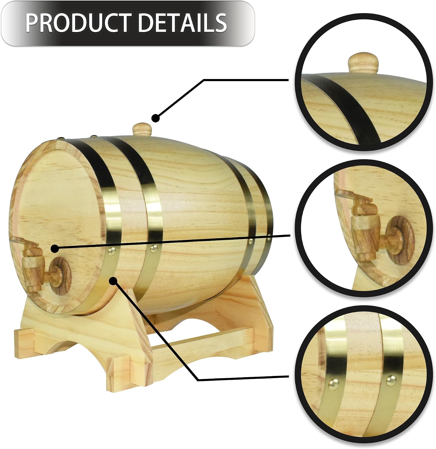 1.5L Whiskey Barrel Dispenser Oak Aging Barrels Home Whiskey Barrel Decanter for Wine, Spirits, Beer, and Liquor (Red Wine)
