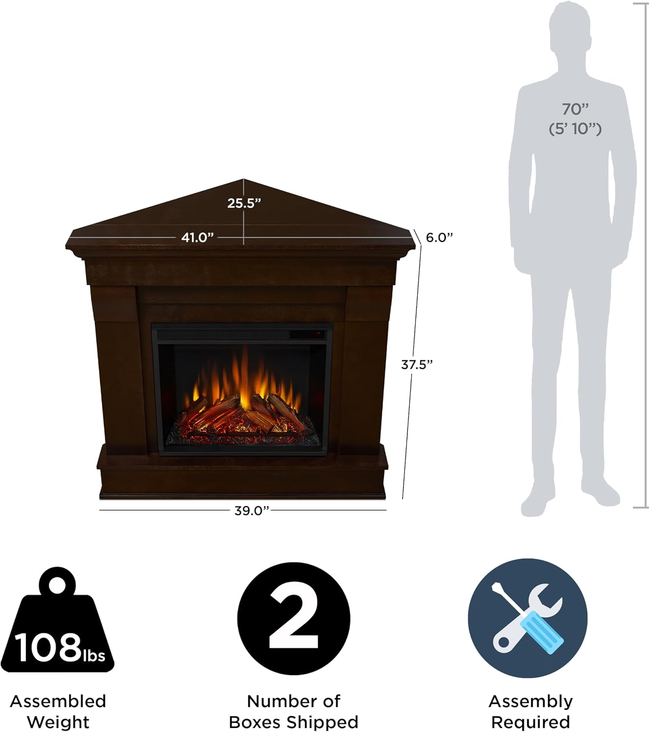 Real Flame Chateau 41" Corner Electric Fireplace with Mantel for Living Room or Bedroom, Replaceable Fireplace Insert Heater, Realistic Log and Flame Effect, Remote Control, Timer.