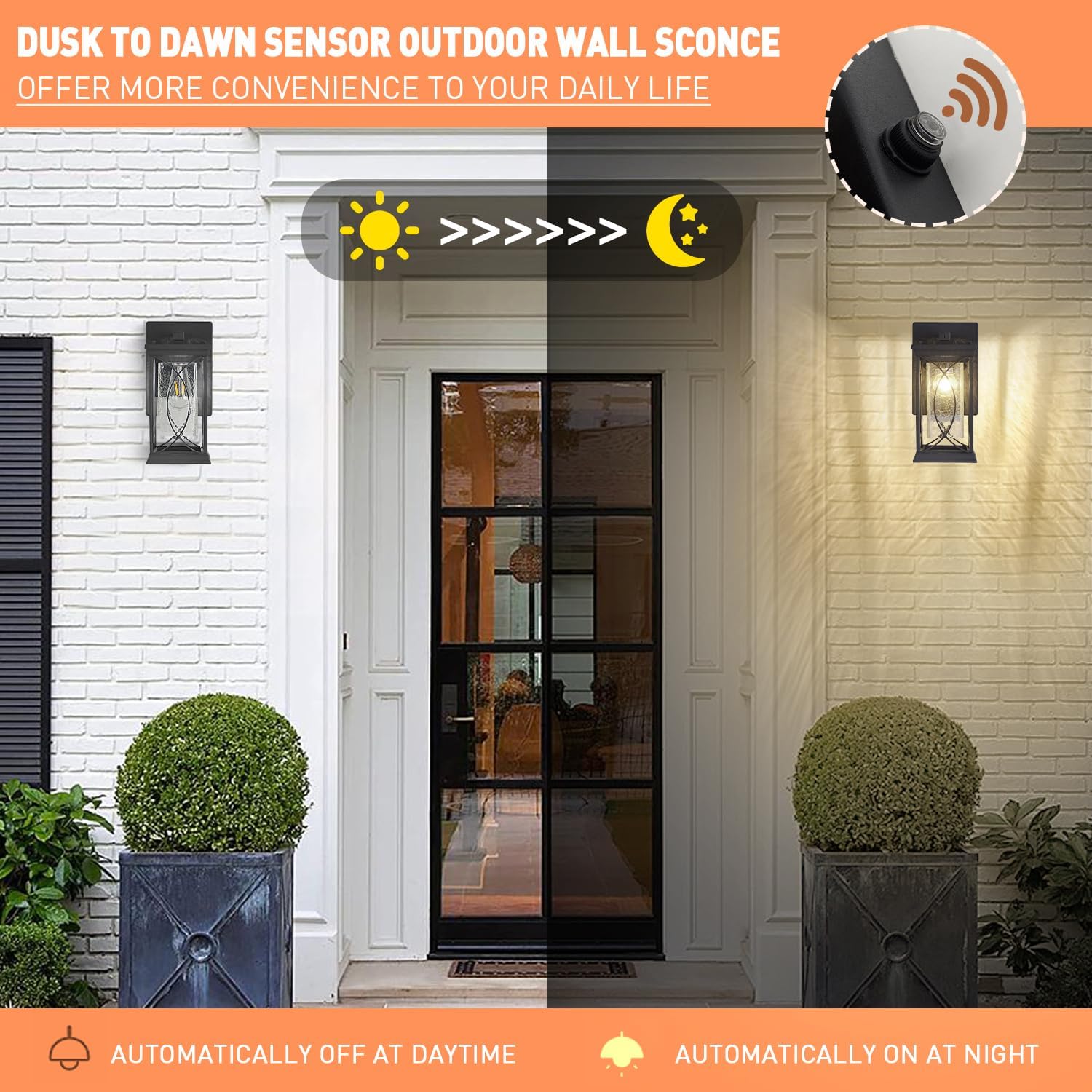 Dusk to Dawn Modern Outdoor Coach Lantern Exterior Light Fixtures Black Aluminum with Crack-Like Glass Waterproof Wall Sconce Mission Outside Light