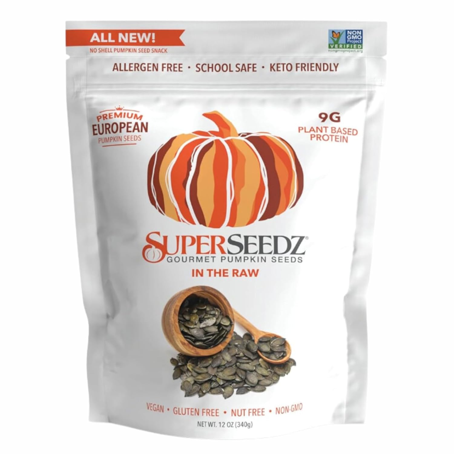 SuperSeedz Dry Roasted Pumpkin Seeds with Sea Salt w/8g Protein (5oz Bag) | Nn-GMO, Gluten-Free, Keto Snacks – Nut-Free & School Friendly Organic Pumpkin Seeds – Large European No Shell Pepitas