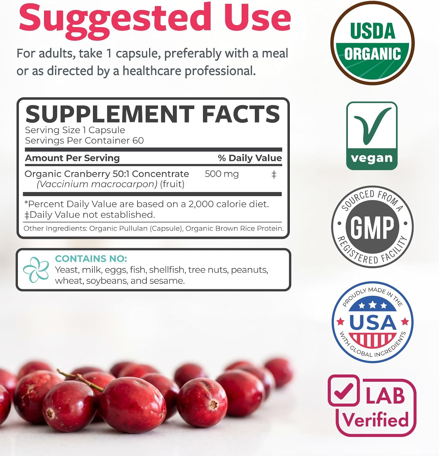 Organic Cranberry Pills - Vegan Supplement for Urinary Tract Health & Kidney Cleanse - Cranberry Pills for Women 500mg 50:1 Cranberry Concentrate Per Serving - Urinary Tract Support - 60 Capsules