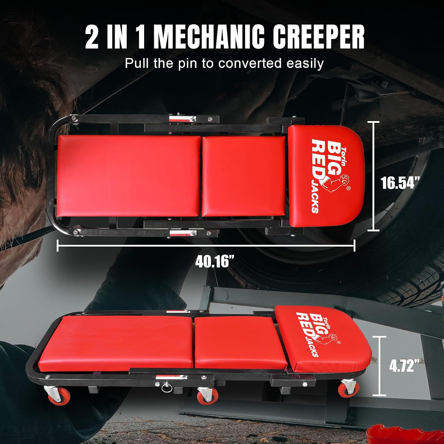 BIG RED Rolling Garage/Shop Creeper: 2-Piece, 36" Padded Mechanic Cart with Headrest and 6 Casters, Red,AR7565B,Torin