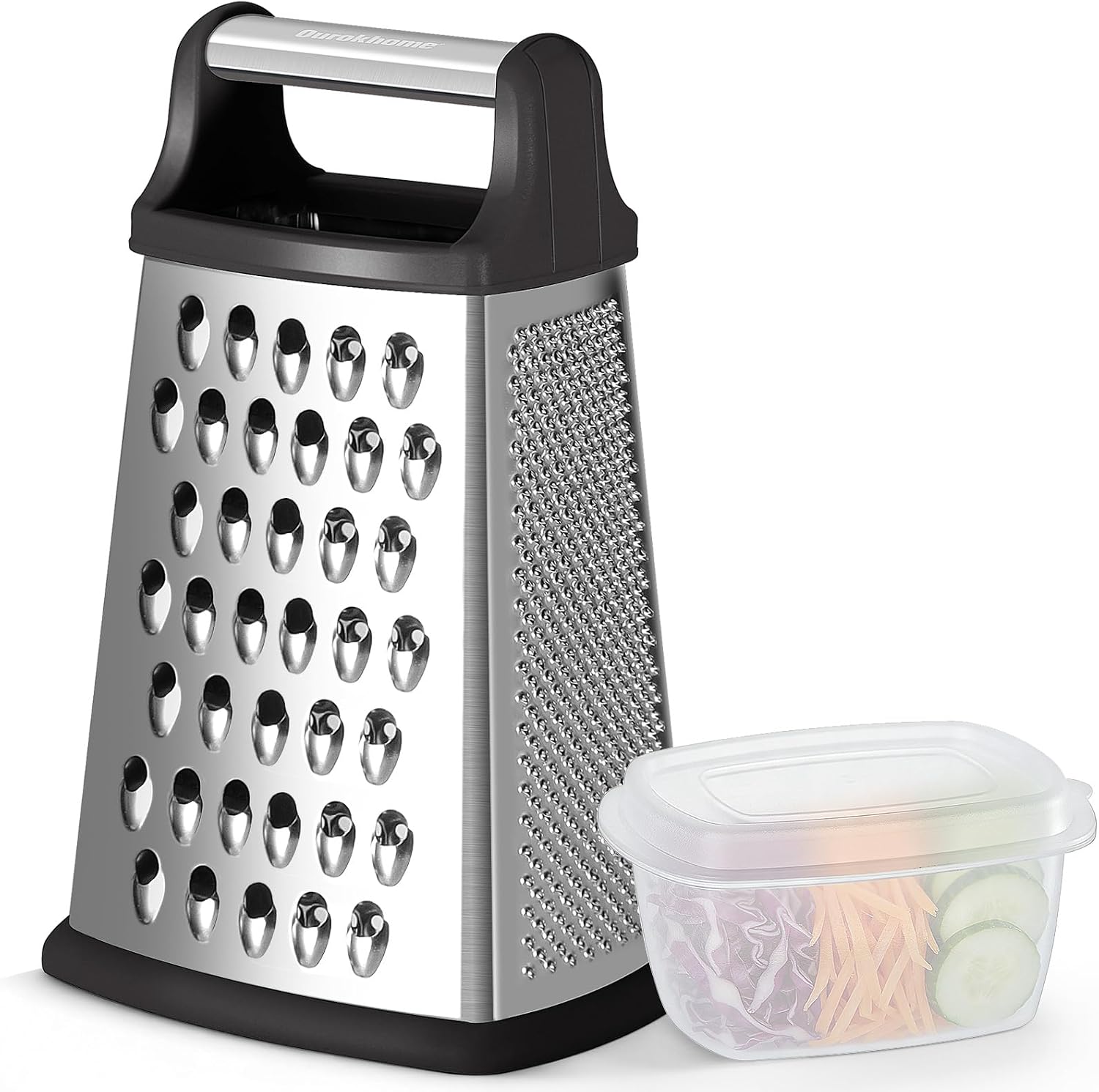 Ourokhome Cheese Grater with Handle, Stainless Steel Box Grater, 4 Side Kitchen Vegetable Shredder Slicer Zester with Container for Parmesan, Cabbage