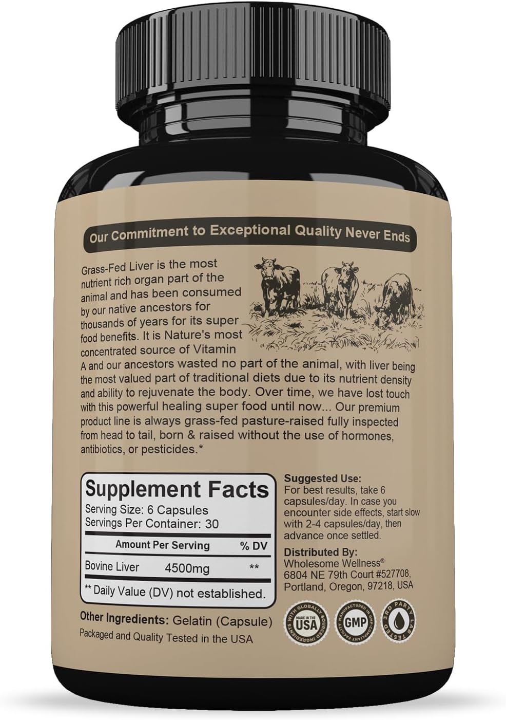 Wholesome Wellness Grass Fed Desiccated Beef Liver Capsules (180 Pills, 750mg Each) - Natural Iron, Vitamin A