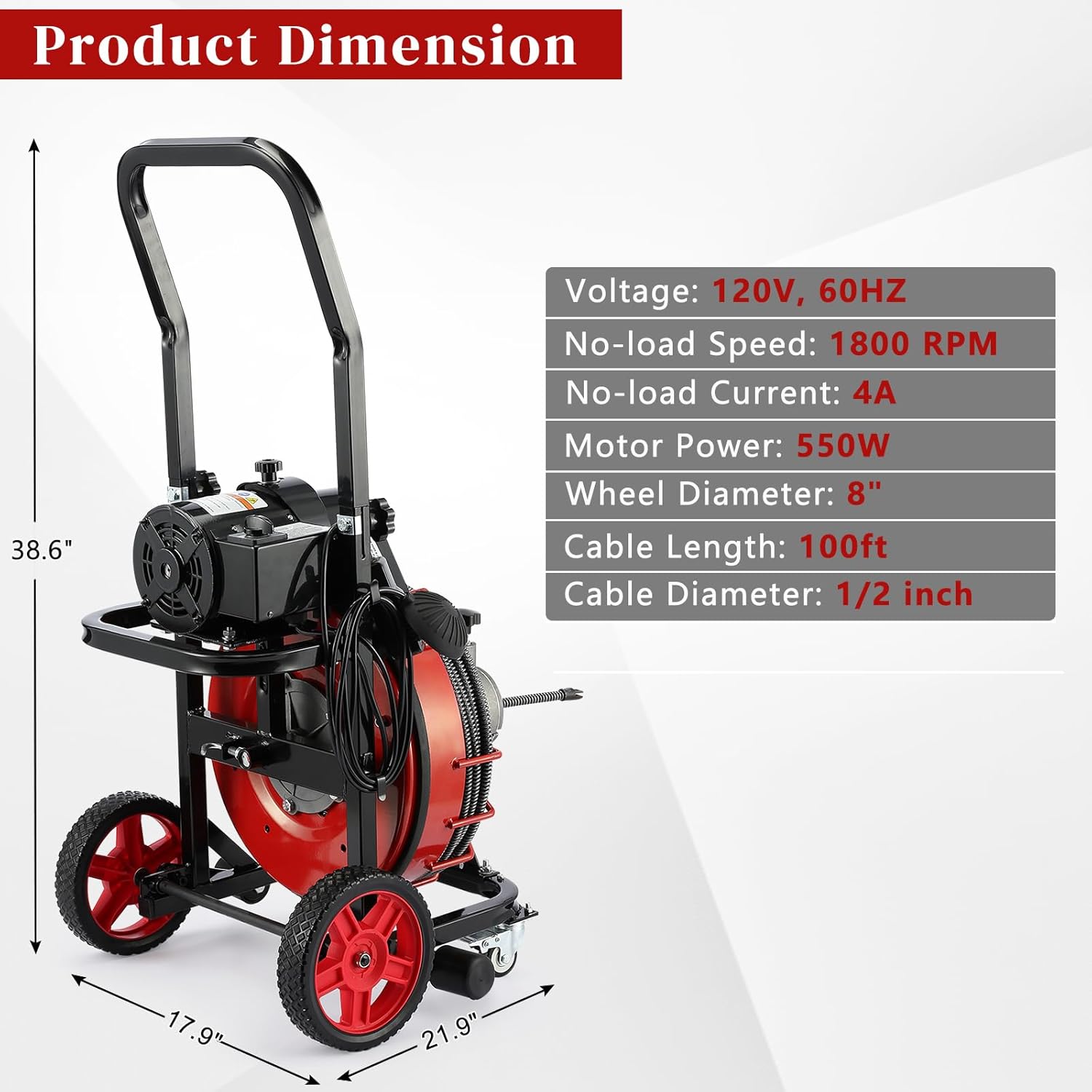 Drain Cleaner Machine, 100 ft x 1/2 in Sewer Auger for 1-4 in Pipes | 550W Motor with Auto-Feed Control, Air Foot Switch, GFCI Protection, 4 Cutters