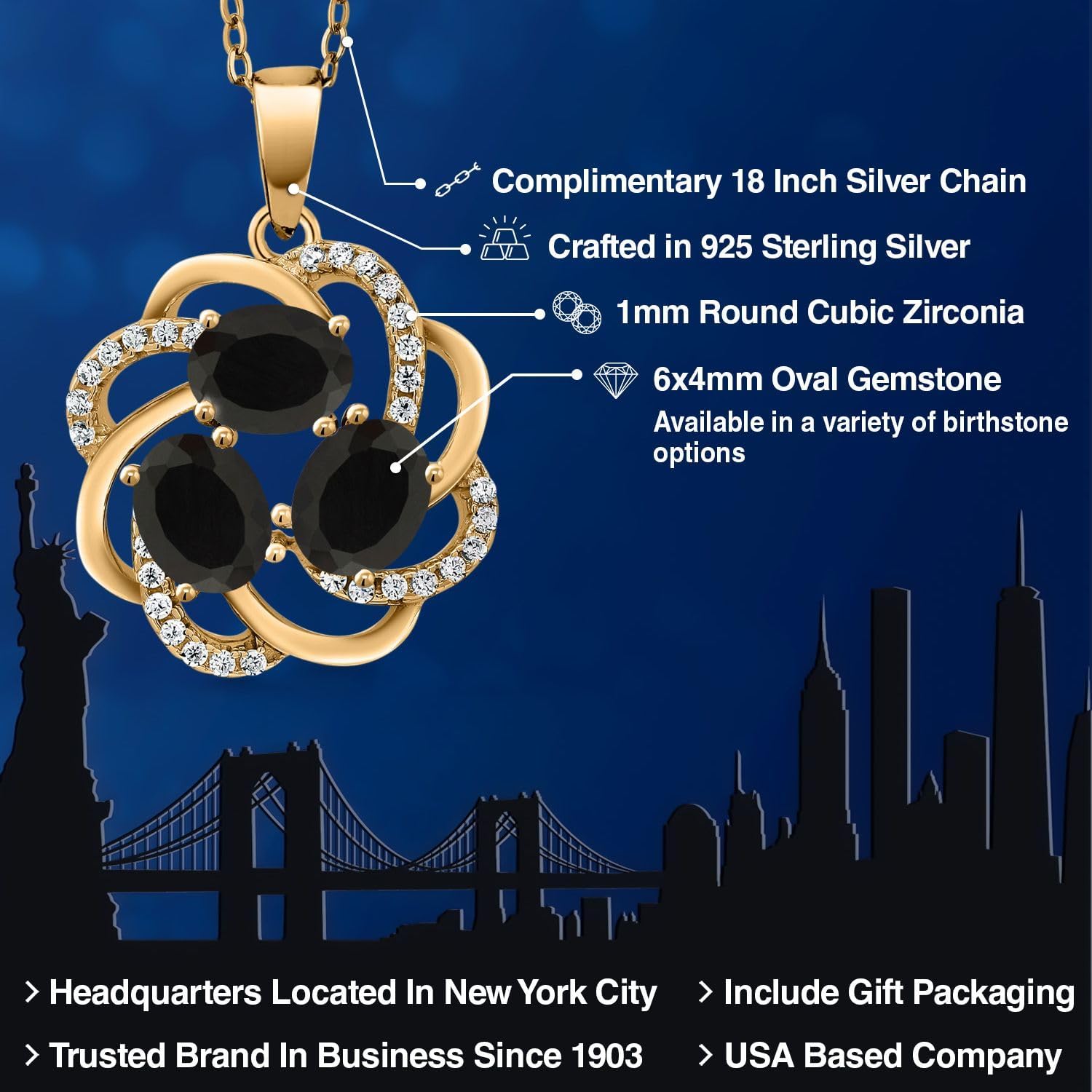 Gem Stone King 18K Yellow Gold Plated Silver Gemstone Birthstones 3 Stone Spiral Pendant Necklace for Women | Oval 6X4MM | Includes 18 Inch Chain