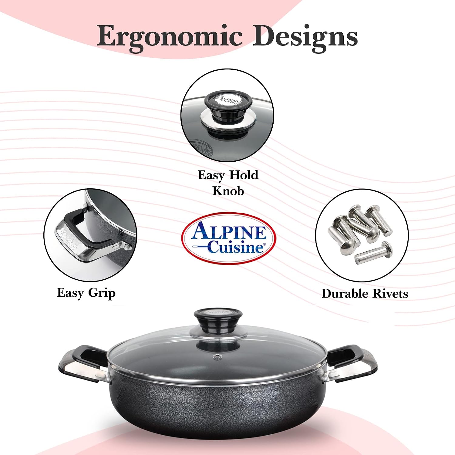 Alpine Cuisine 4 Quart Non-stick Stock Pot with Tempered Glass Lid and Carrying Handles, Multi-Purpose Cookware Aluminum Dutch Oven for Braising, Boiling, Stewing