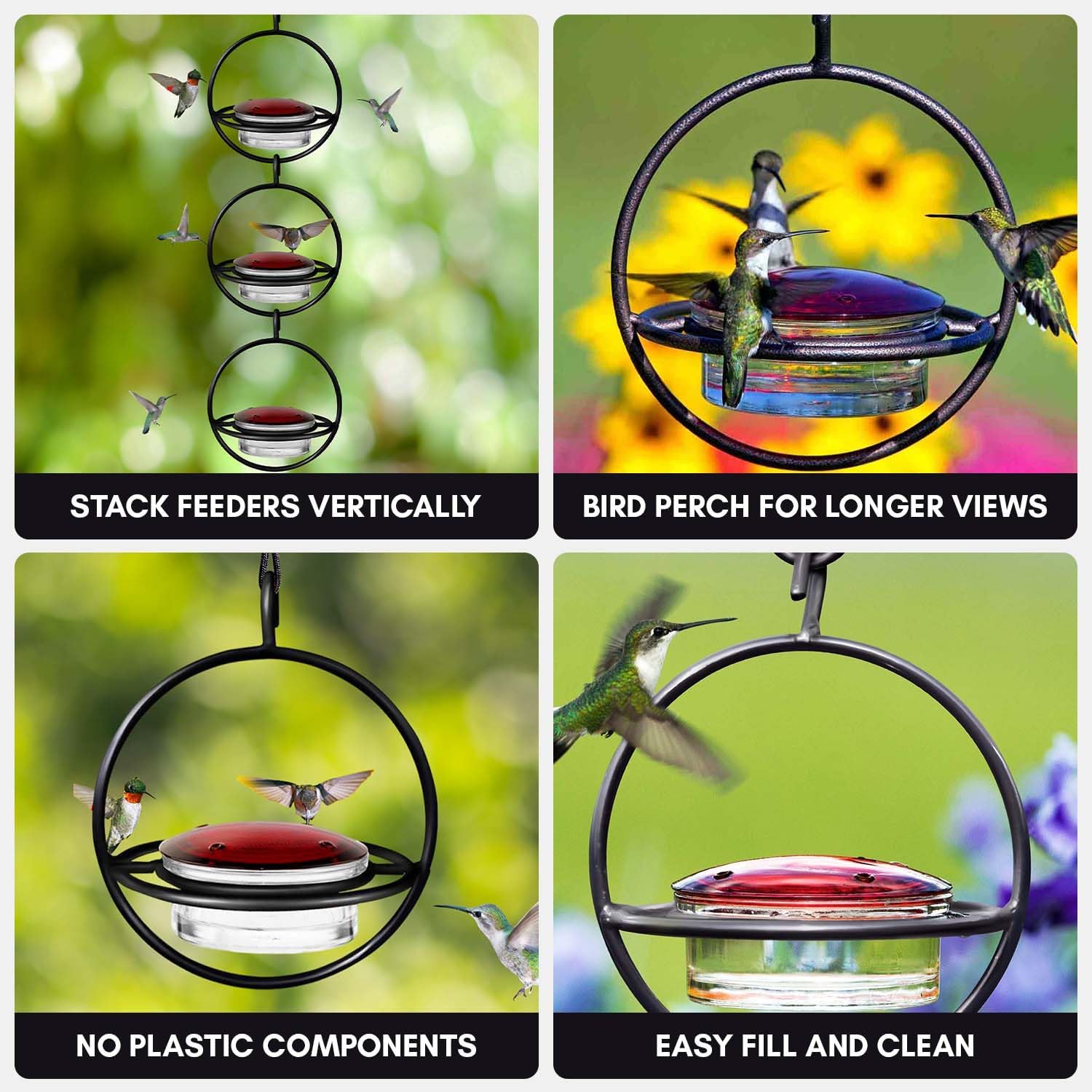 Hummingbird Feeder for Outdoors Hanging, 3.4 OZ Hummingbird Feeders, Glass Bowl with 4 Feeding Ports, Leak Proof Lid & Circular Perch, Bird Feeder (1, Red)