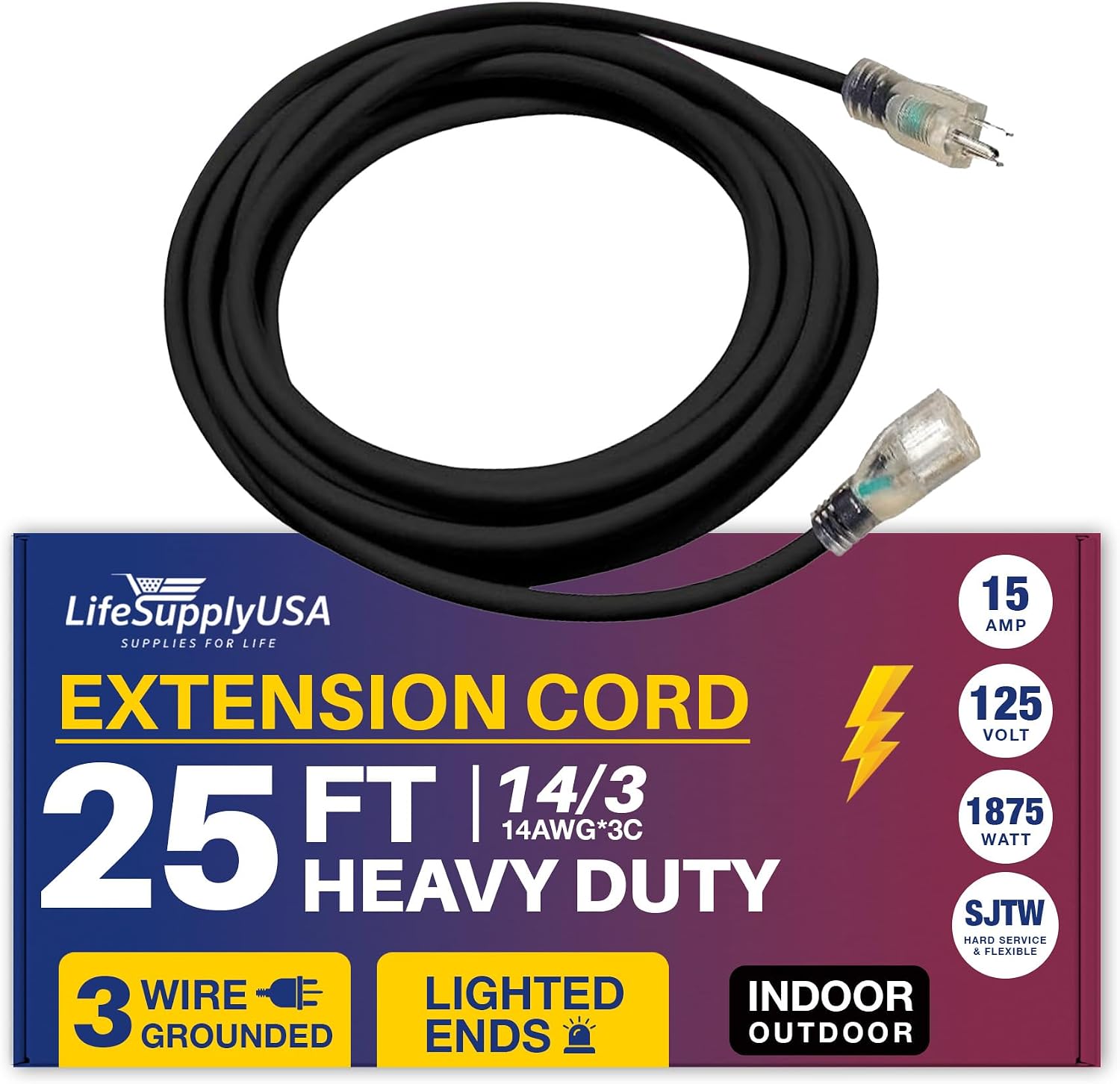 25ft Outdoor/Indoor Extension Cord 12/3 Gauge Extra Heavy Duty 3 Prong SJTW, Waterproof, Flexible Cold-Resistant Long Power Cord,15A 125V 1875W, Yellow by LifeSupplyUSA