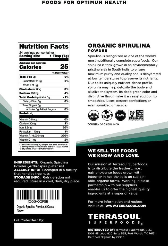 Terrasoul Superfoods Organic Spirulina Powder, 6 Oz, Vegan Protein, Green Superfood Boost for Smoothies, Detoxifying Elixirs, and Immune Support