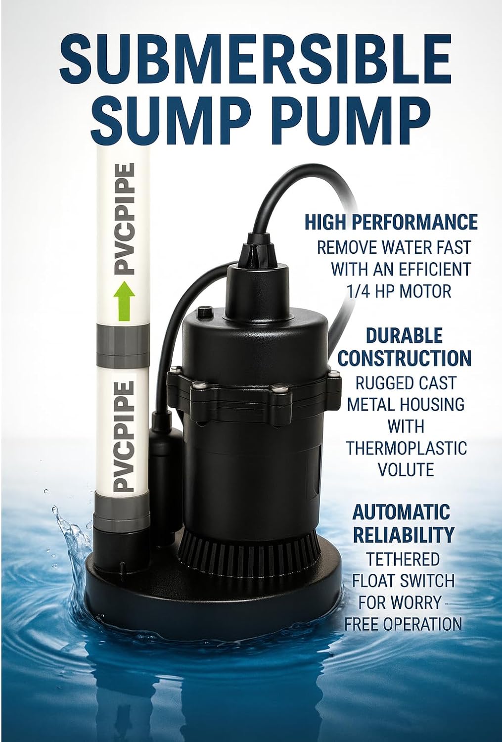 1/4 HP Submersible Sump Pump with 3000 GPH Flow Rate, 22 Ft. Head Lift, 1-1/2 in. NPT Discharge, Cast Metal Housing, Tether Float Switch