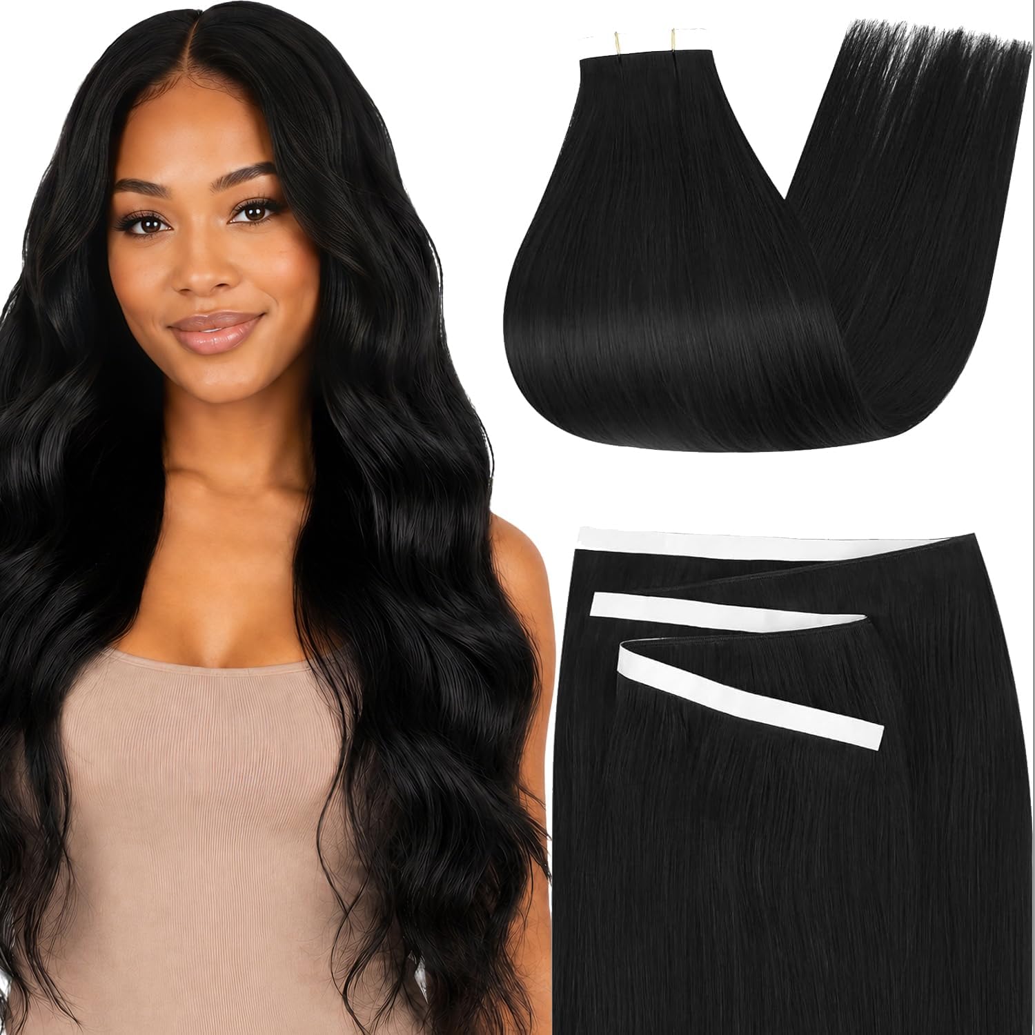 Moresoo Black Tape in Hair Extensions Human Hair, 18 Inch, 20Pcs, 50g