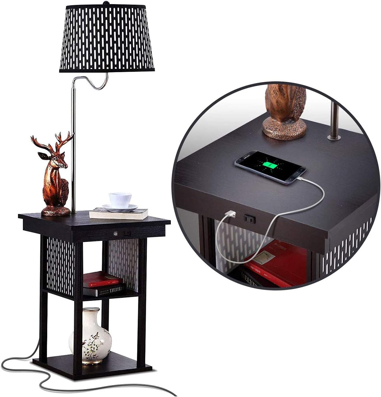 Brightech Madison Side Table with Lamp Combo with LED Bulb, Desk Lamp with USB Port, Bedside Reading Light, Modern End Table with Floor Lamp for Bedroom, Living Room, Office - Havana Brown