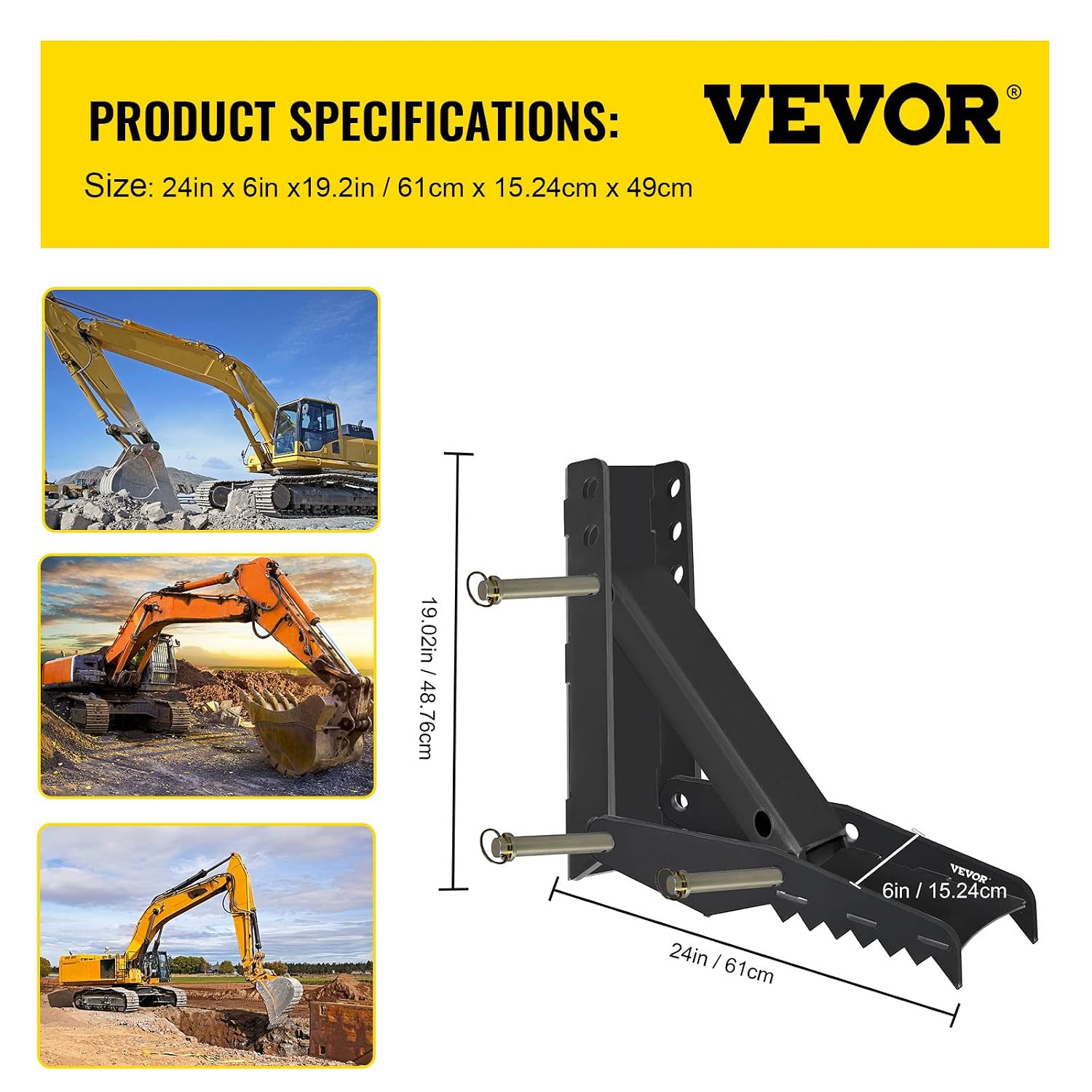 24 inch Excavator Hydraulic Thumb Backhoe Excavator Thumb Attachments Weld 1/2 Inch Teeth Thick Steel Plate Assembly CNC Plasma Cut Bolt-On Design